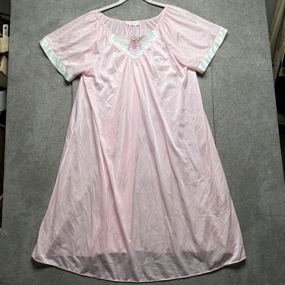 Womens Pink Embroidered Nightgown Short Sleeve Vintage Cottagecore Sleepwear‎